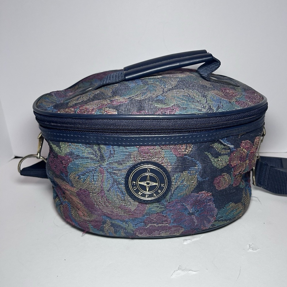 Vintage Tapestry Style Make-up Travel Case Oval Softsided By Compass Zip Top